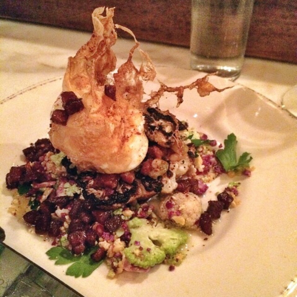 Coliflor (Grilled Cauliflower, Olive Oil Fried Egg, Candied Bacon, Pine Nuts) at Tertulia on #foodmento http://foodmento.com/place/618