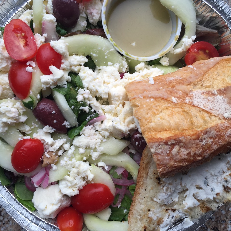 Greek Salad Over Grilled Bread from Westville on #foodmento http://foodmento.com/dish/29765