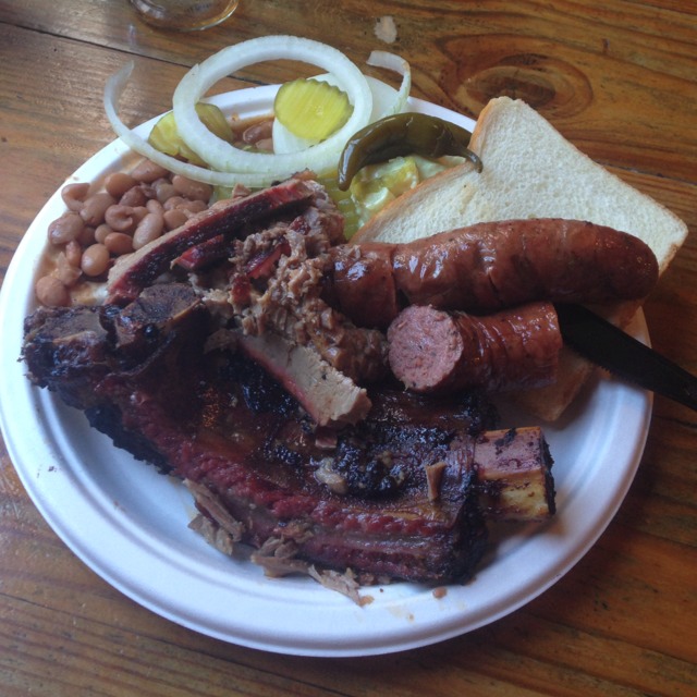 BBQ Sampler Plate (Sliced Beef, Sausage, and one Beef Rib) at Iron Works BBQ on #foodmento http://foodmento.com/place/710