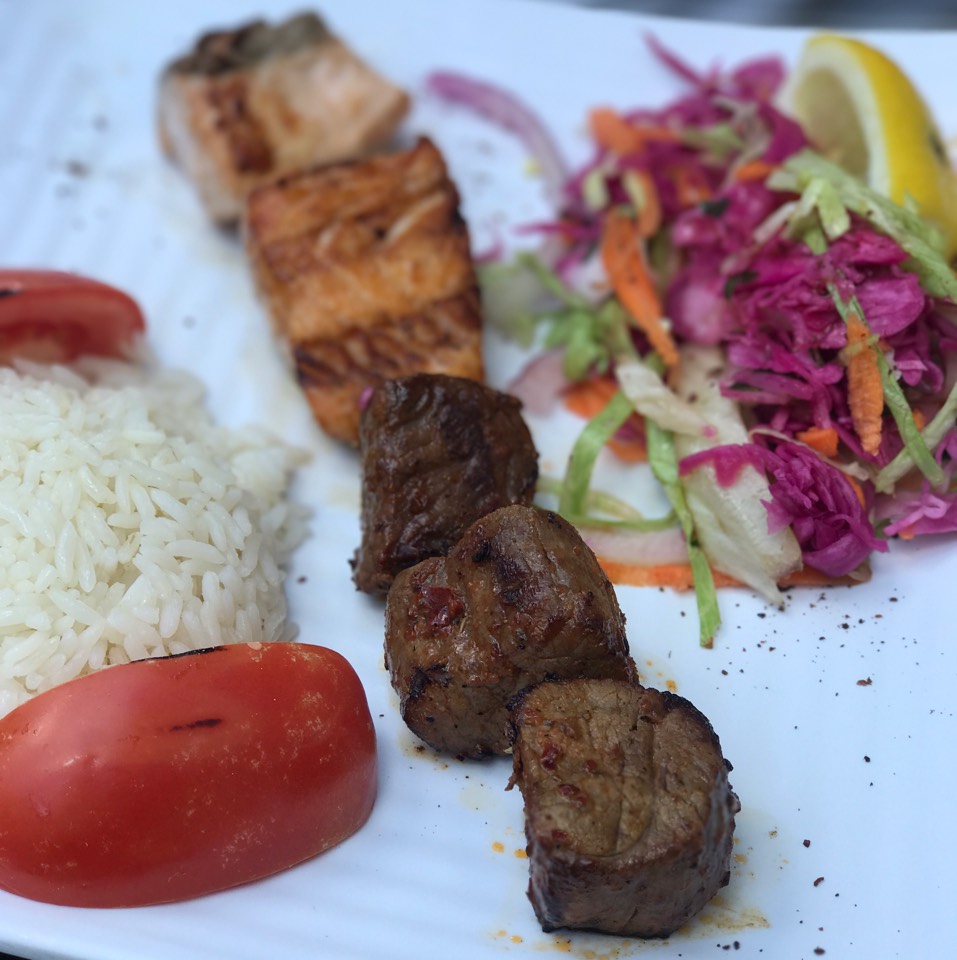 1/2 Shish Lamb & 1/2 Salmon Combo Kebab Platter at Seven's Turkish Grill on #foodmento http://foodmento.com/place/7621