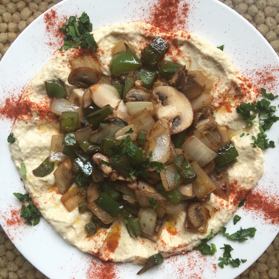 Hummus With OMG (Onion, Mushroom, Green Pepper) from Nish Nūsh on #foodmento http://foodmento.com/dish/39846