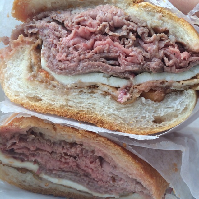 Hot Roast Beef Hero Sandwich (Roast Beef, Fresh Mozzarella, Fried Eggplant, Natural Jus) from Defonte's of Brooklyn (CLOSED) on #foodmento http://foodmento.com/dish/3279