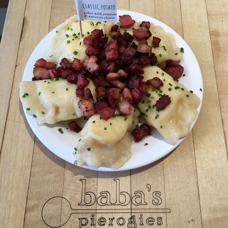 Classic Potato Pierogies (w Smoked Bacon Bits) at Baba's Pierogies on #foodmento http://foodmento.com/place/8452