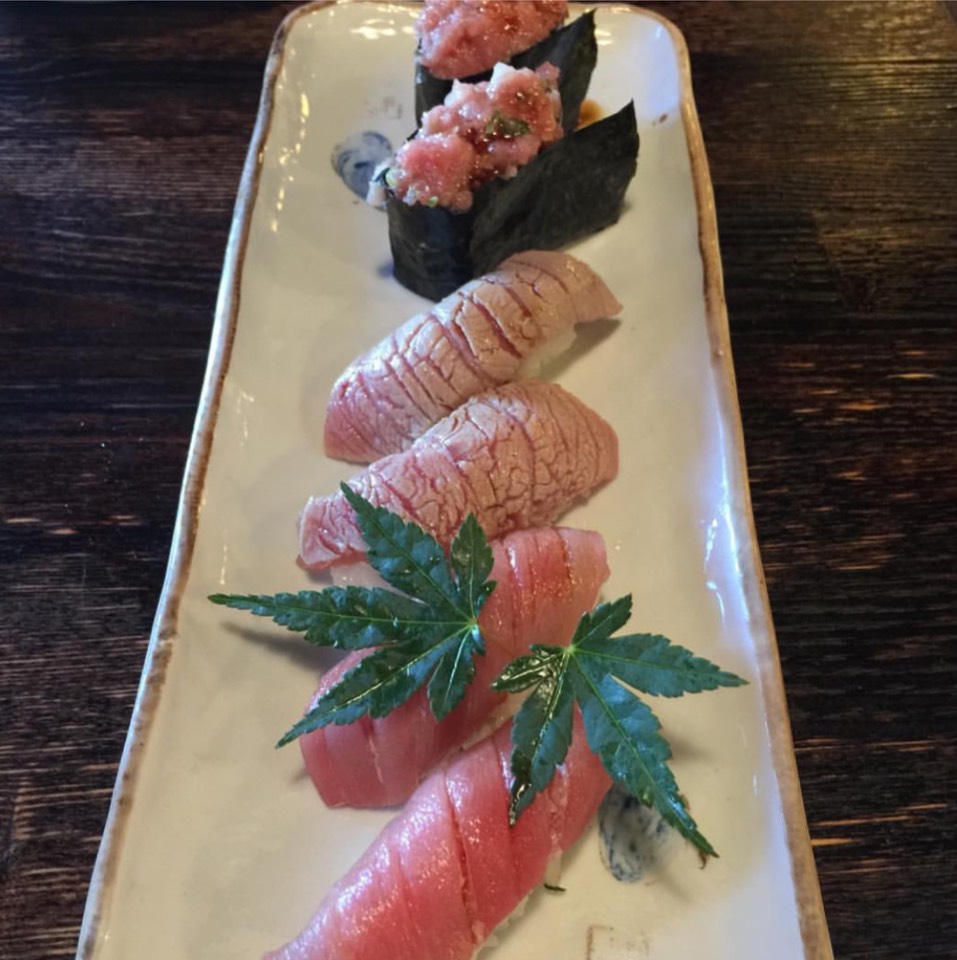 Toro tasting (raw sushi, lightly seared sushi and chopped with scallions and shiso leaf) from The Izaka-ya by Katsuya on #foodmento http://foodmento.com/dish/33187