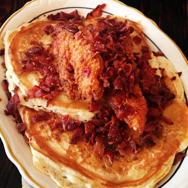 Chicken & Pancakes (with Bacon, Fried Chicken...) from Jacob's Pickles on #foodmento http://foodmento.com/dish/10868