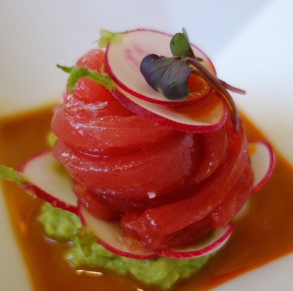 Yellowfin Tuna Ribbons, Avocado and Spicy Radish, Ginger Marinade  at Jean-Georges on #foodmento http://foodmento.com/place/884