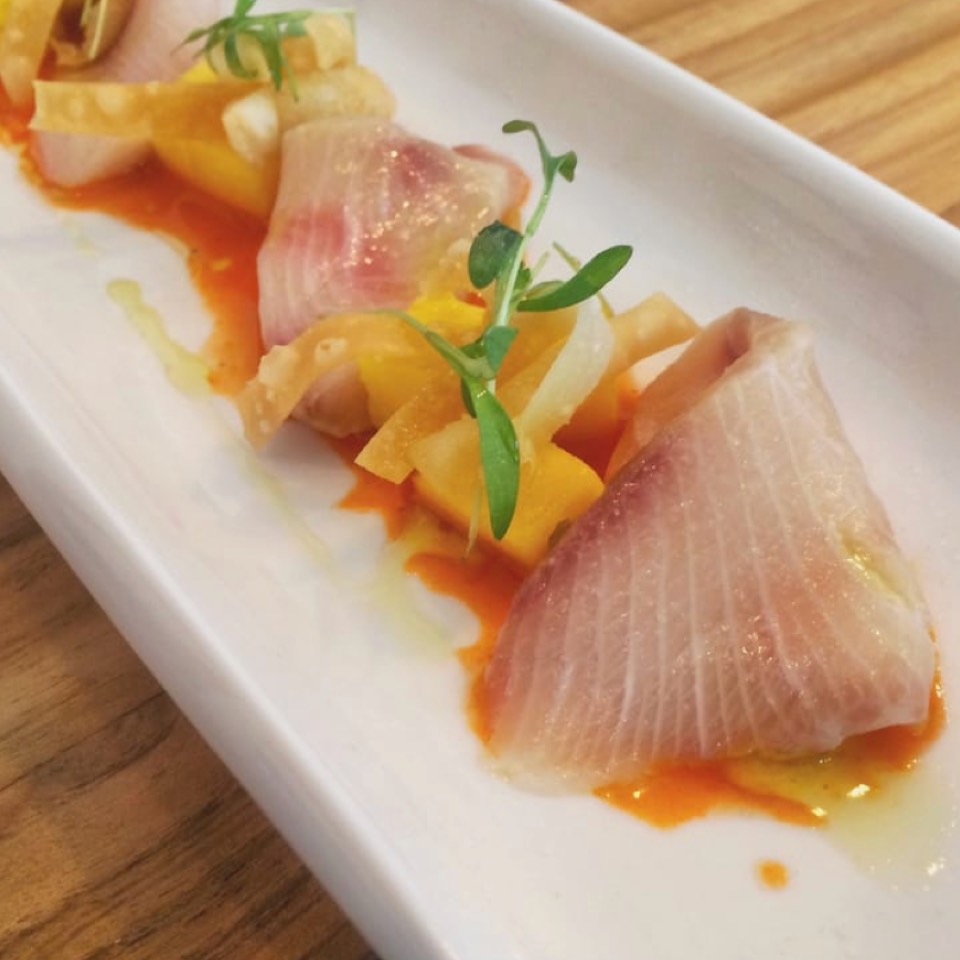 Yellowtail Ceviche with kimchi jus, pickled mango, and fried dumpling skin on #foodmento http://foodmento.com/dish/37700