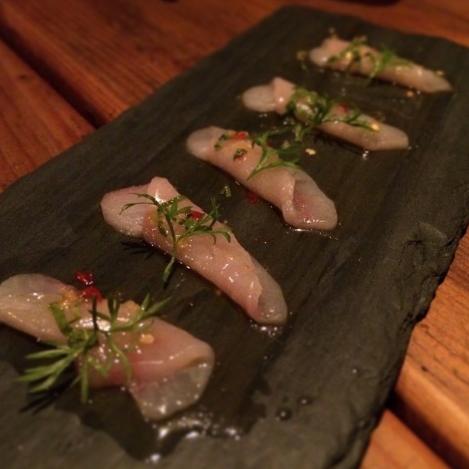 Swordfish crudo w bang bang sauce at Restaurant Marc Forgione on #foodmento http://foodmento.com/place/910