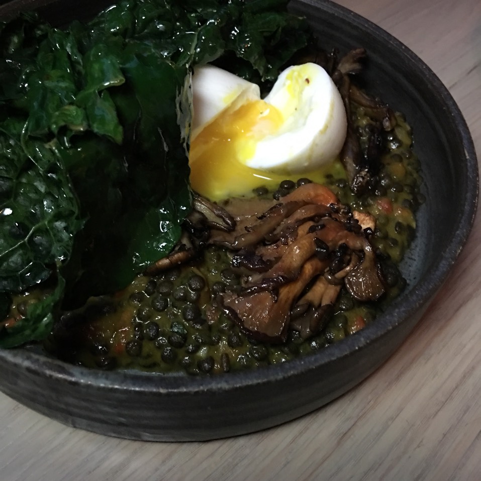 Black Lentils, Oyster & Maitake Mushrooms, Poached Egg, Kale at Llama Inn on #foodmento http://foodmento.com/place/9660