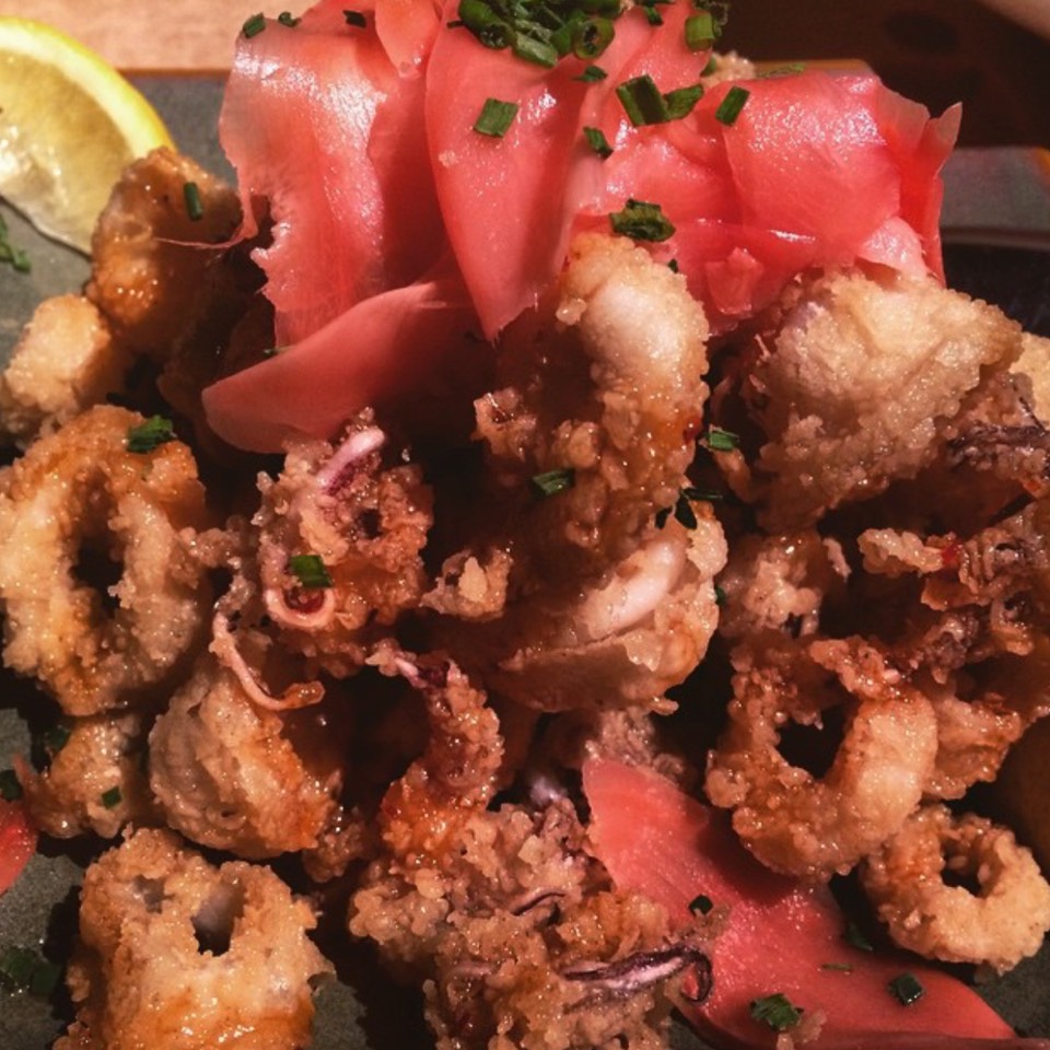 Flash Fried Calamari with a Spicy Chipotle Chile and Orange Honey Glaze, Pickled Ginger on #foodmento http://foodmento.com/dish/26887