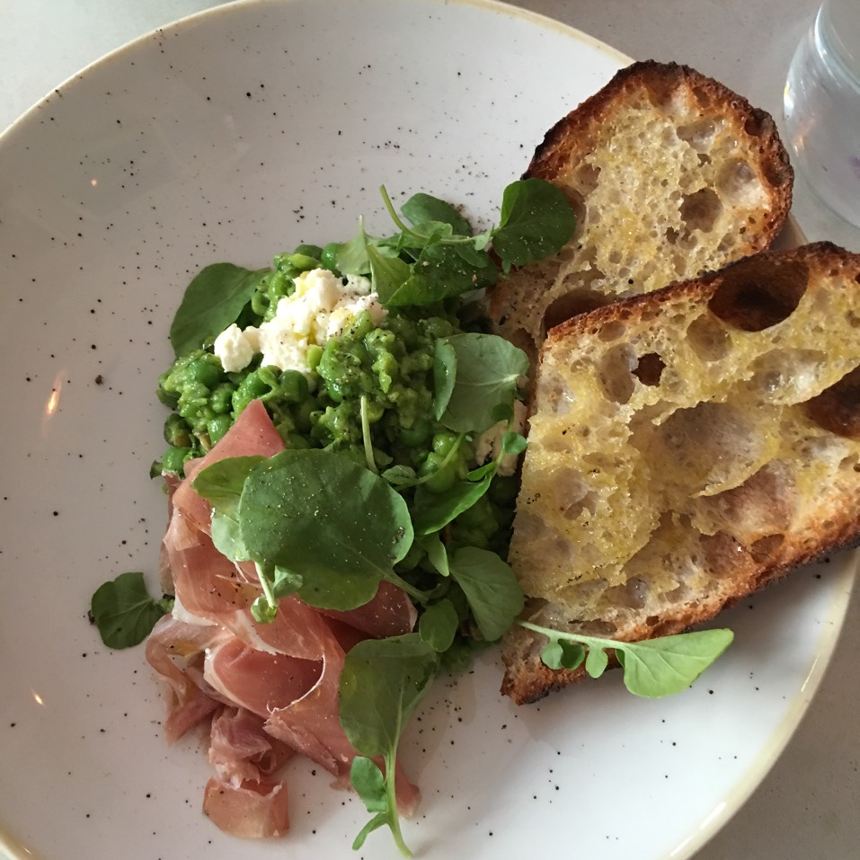 Smashed Peas w/ Prosciutto, Ricotta, Sourdough from Two Hands Restaurant & Bar on #foodmento http://foodmento.com/dish/38870