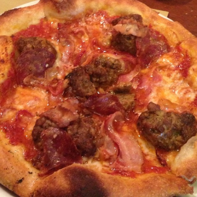 Bacon, Salami, Fennel Sausage, Guanciale, Tomato & Mozzarella Pizza at Pizzeria Mozza on #foodmento http://foodmento.com/place/705