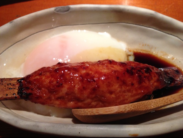 Tsukune (Hinaidori Minced Chicken) with Soft Boiled Egg at 銀座 比内や コリドー店 on #foodmento http://foodmento.com/place/2249