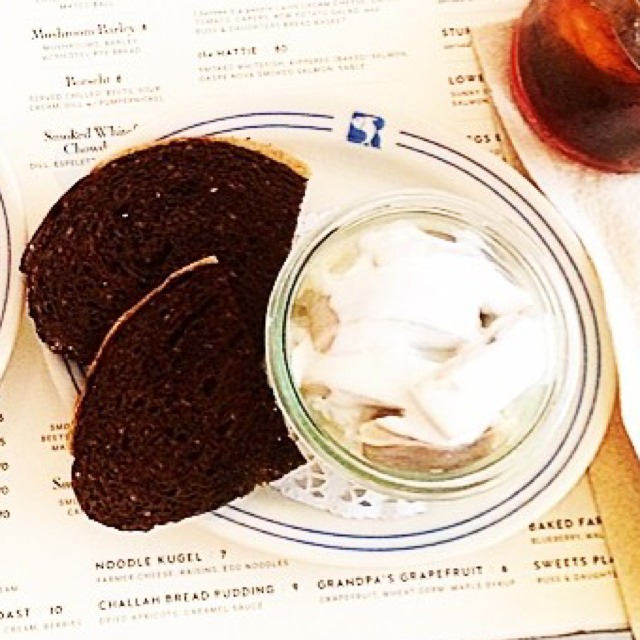 Herring, Onion, Creme, Pumpernickel Bread at Russ & Daughters Café on #foodmento http://foodmento.com/place/3060