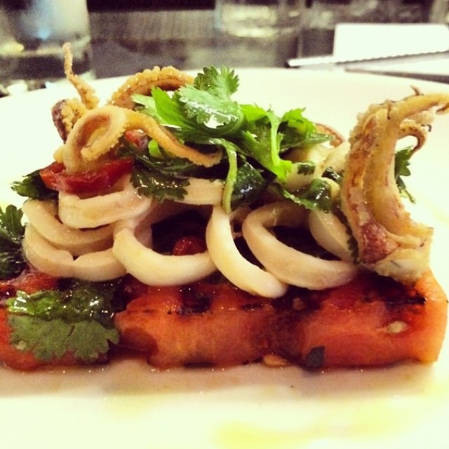 Pan Roasted Squid, Chili, Garlic, Grilled Watermelon, Thai Basil at Flinders Lane on #foodmento http://foodmento.com/place/3082