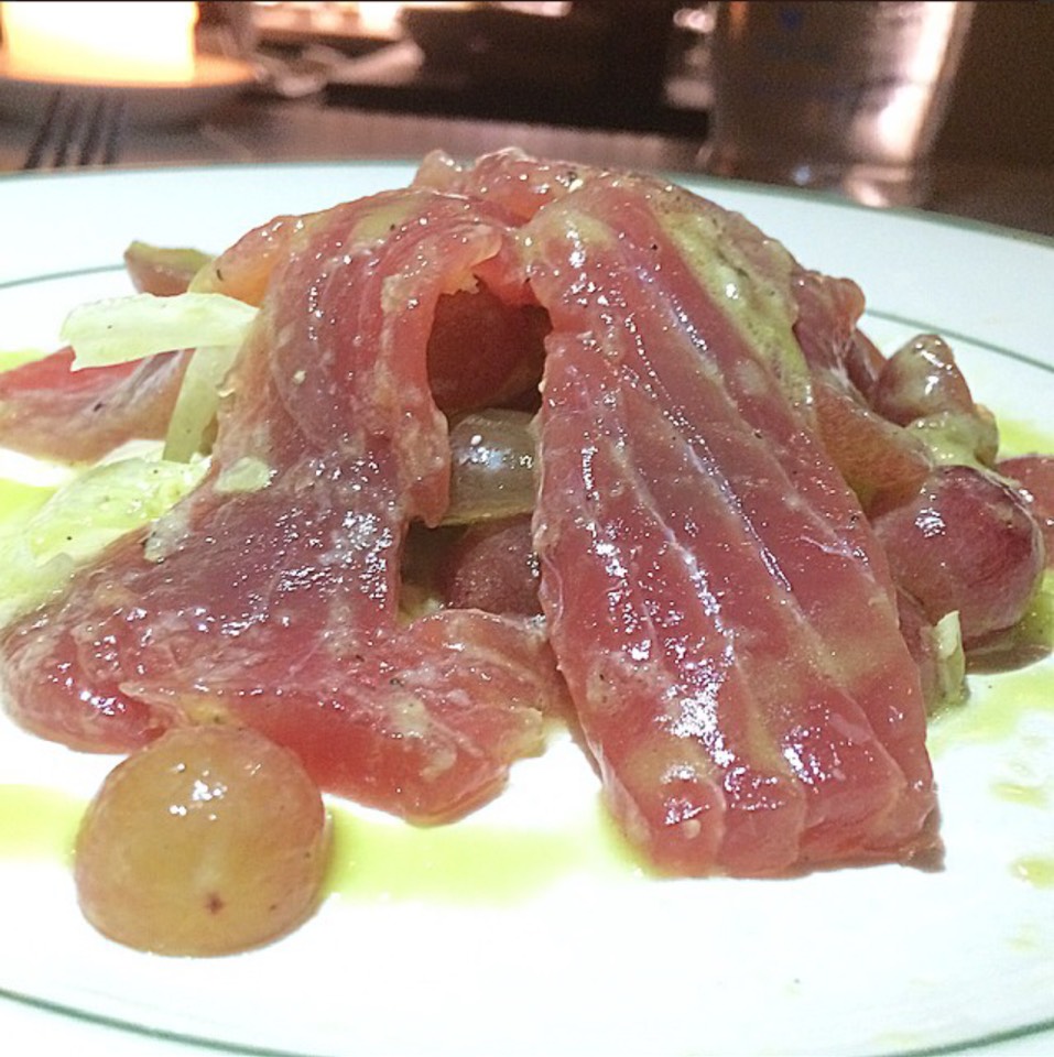 Tuna Crudo, Sugo Tonnato, shaved fennel, grapes, celery oil at Rosemary’s Enoteca & Trattoria on #foodmento http://foodmento.com/place/3228