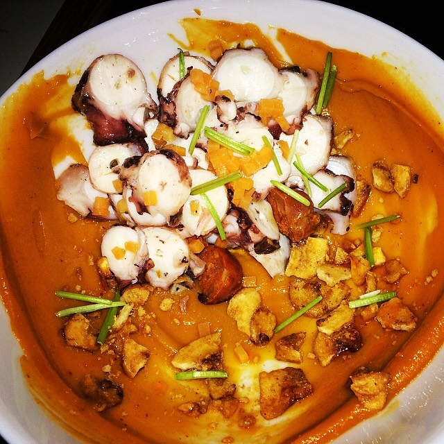 Grilled Octopus, Chorizo, Sweet Potato Purée, Banana Chips at Alder on #foodmento http://foodmento.com/place/3278