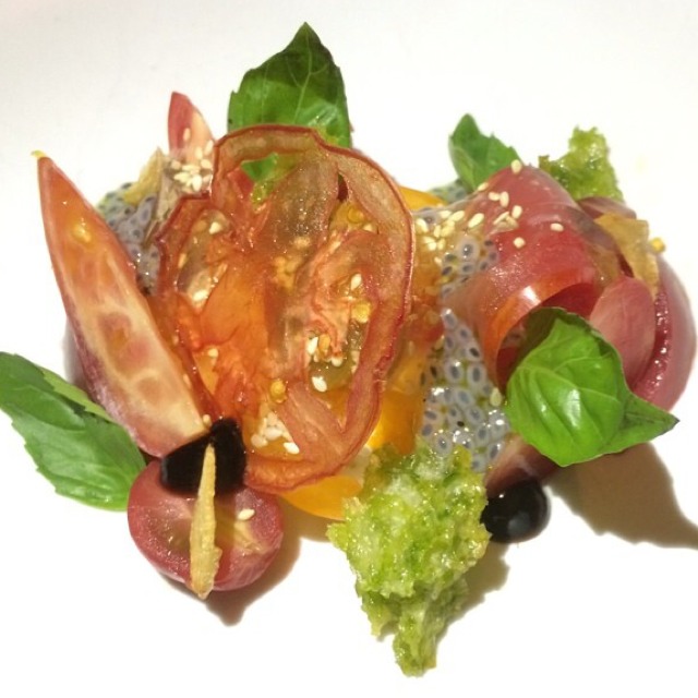 Toy Box Tomatoes, Burrata, Basil, Sesame at Piora on #foodmento http://foodmento.com/place/3602