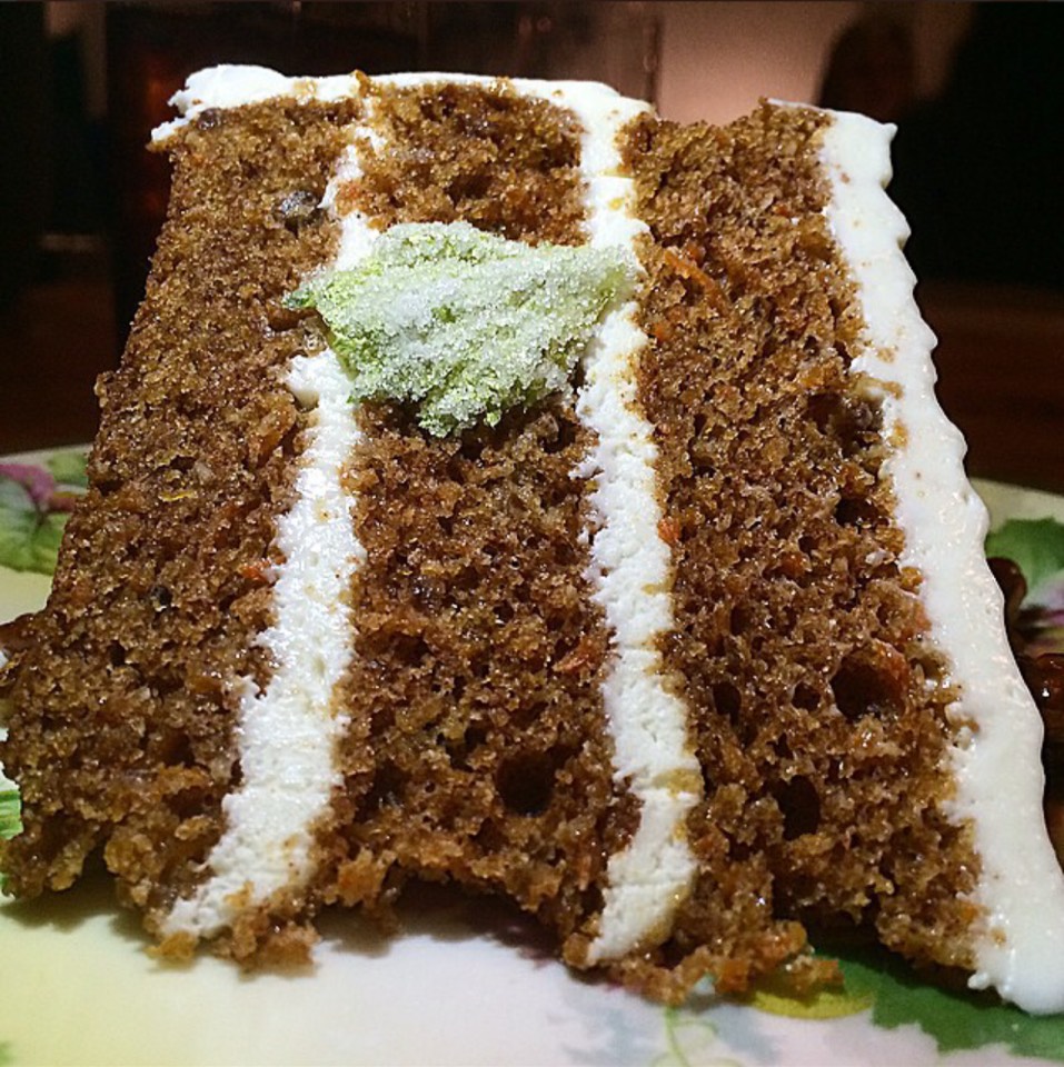 Brown Butter Carrot Cake, Cream Cheese Frosting, candied celery from ABC Kitchen on #foodmento http://foodmento.com/dish/20352