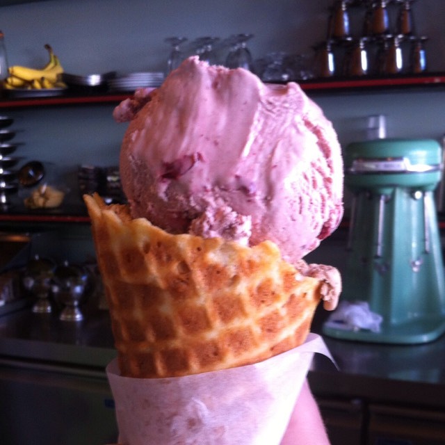 Cherry & Creme Fraiche Ice Cream, Waffle Cone at The Ice Cream Bar Soda Fountain on #foodmento http://foodmento.com/place/2558