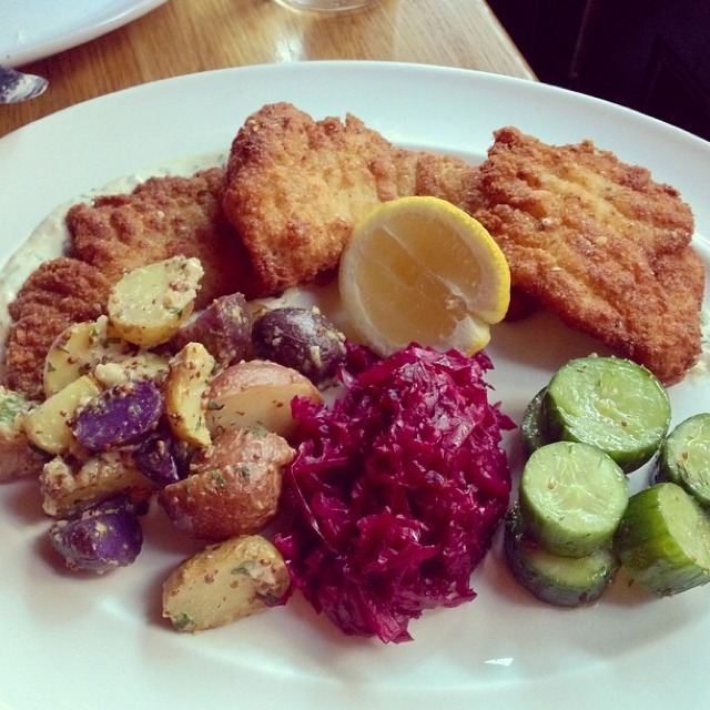 Skate Schnitzel, Red Cabbage, Apple, Creme Fraiche, Dill at The Dutch on #foodmento http://foodmento.com/place/286