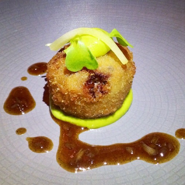 Croquette With Tete De Cochon, Ramp Oil Emulsion from Beautique on #foodmento http://foodmento.com/dish/16769